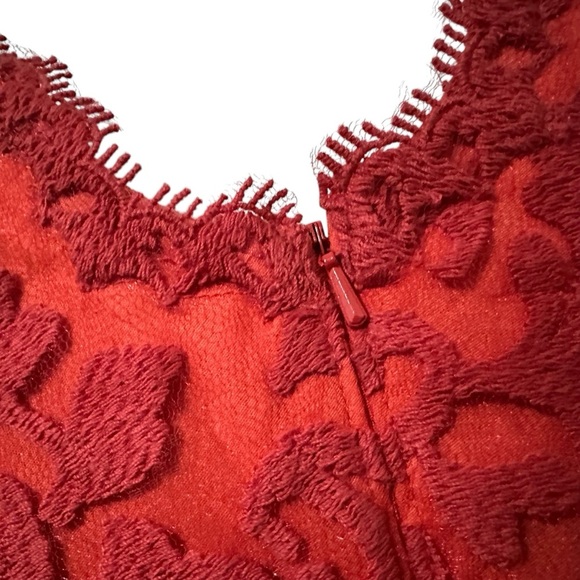 Tadashi Shoji Floral Embroidered Lace Scalloped V-Neck Dress Sz 6 Petite Red - Picture 6 of 9